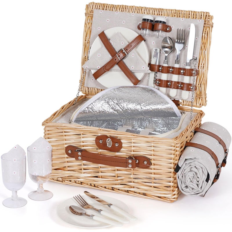 HappyPicnic Picnic Basket Set for 2 - Wicker Picnic Basket with Waterproof Blanket & Insulated Liner  Large Handmade Willow Hamper with Cutlery Kit for Outdoor  Picnic  Camping  Holidays (Flower) - Image 1